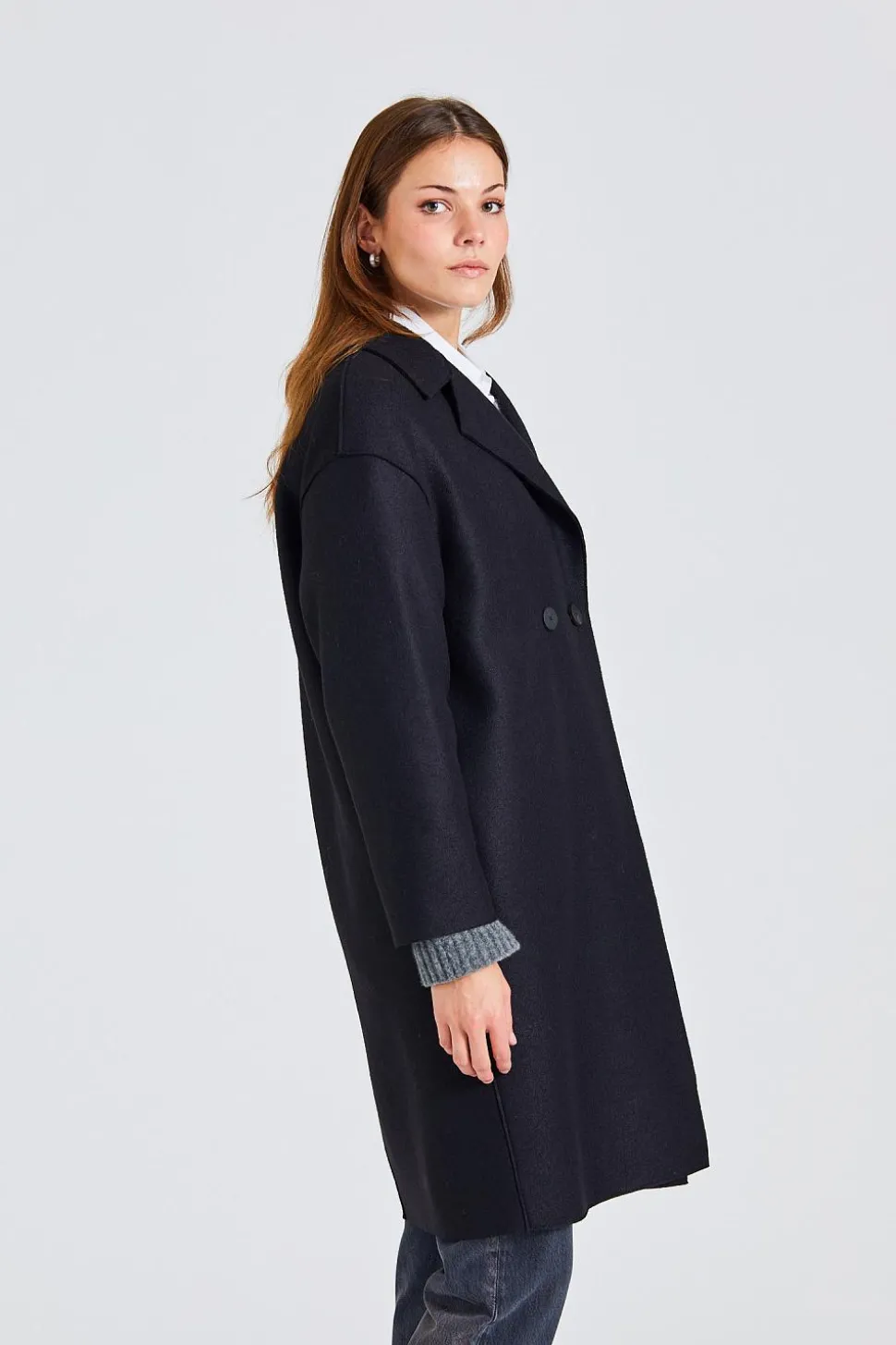 Women Dropped Shoulder D.B. Coat Pressed Wool Black