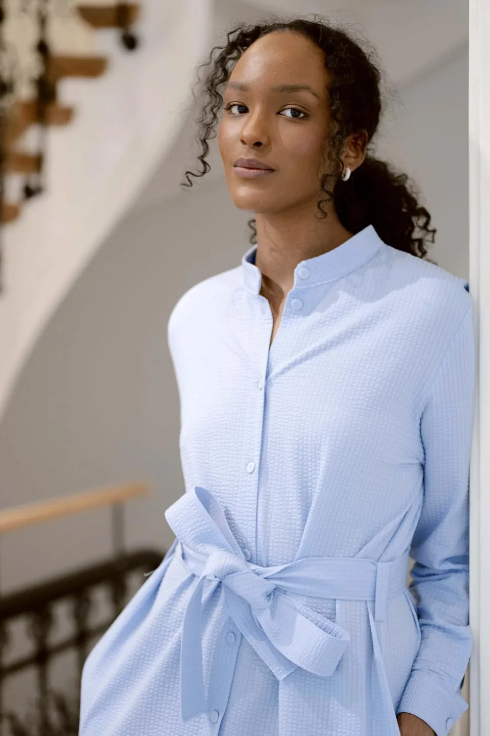 Women Long Belted Shirt Dress Light Blue