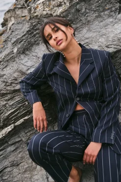 Wool Pinstripe Blazer Navy