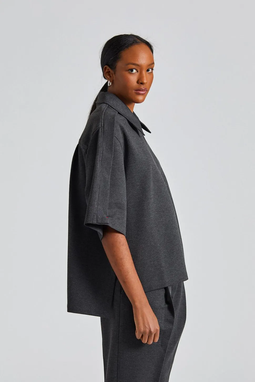 Zip Detail Polo Top Steel Grey Melange