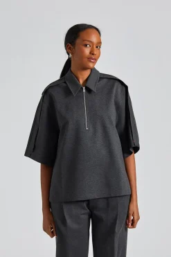 Zip Detail Polo Top Steel Grey Melange