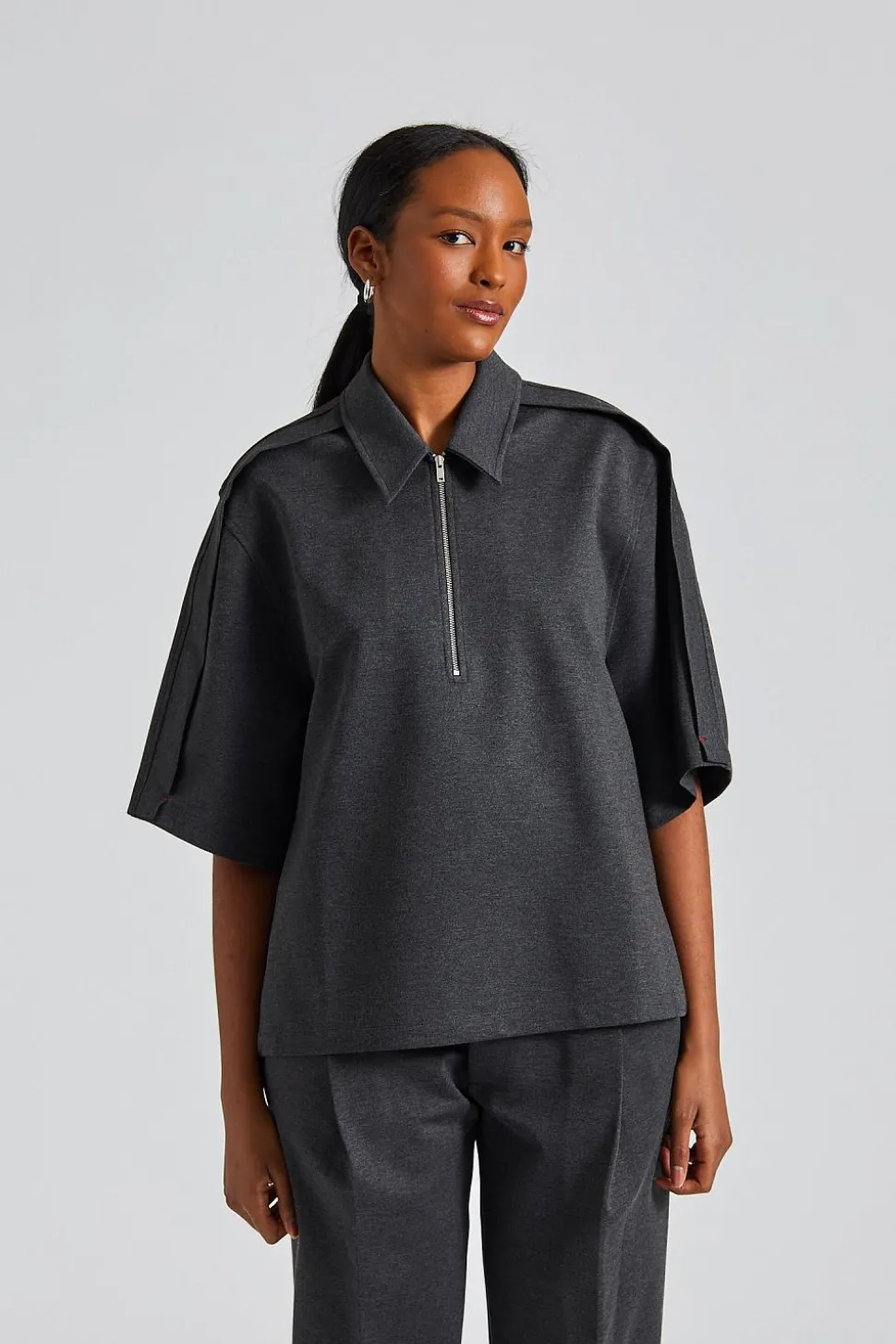 Zip Detail Polo Top Steel Grey Melange