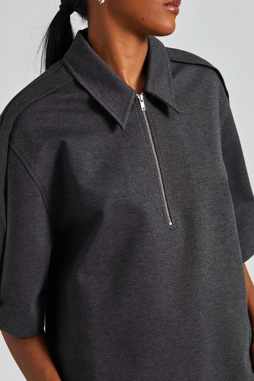 Zip Detail Polo Top Steel Grey Melange